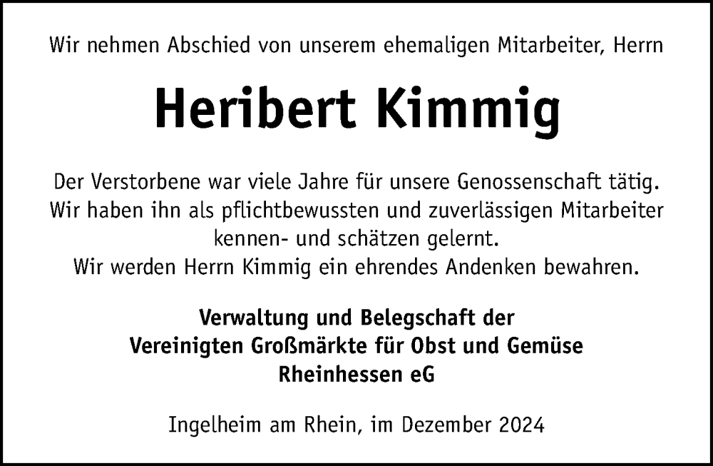  Traueranzeige für Heribert Kimmig vom 12.12.2024 aus Allgemeine Zeitung Rheinhessen-Nahe