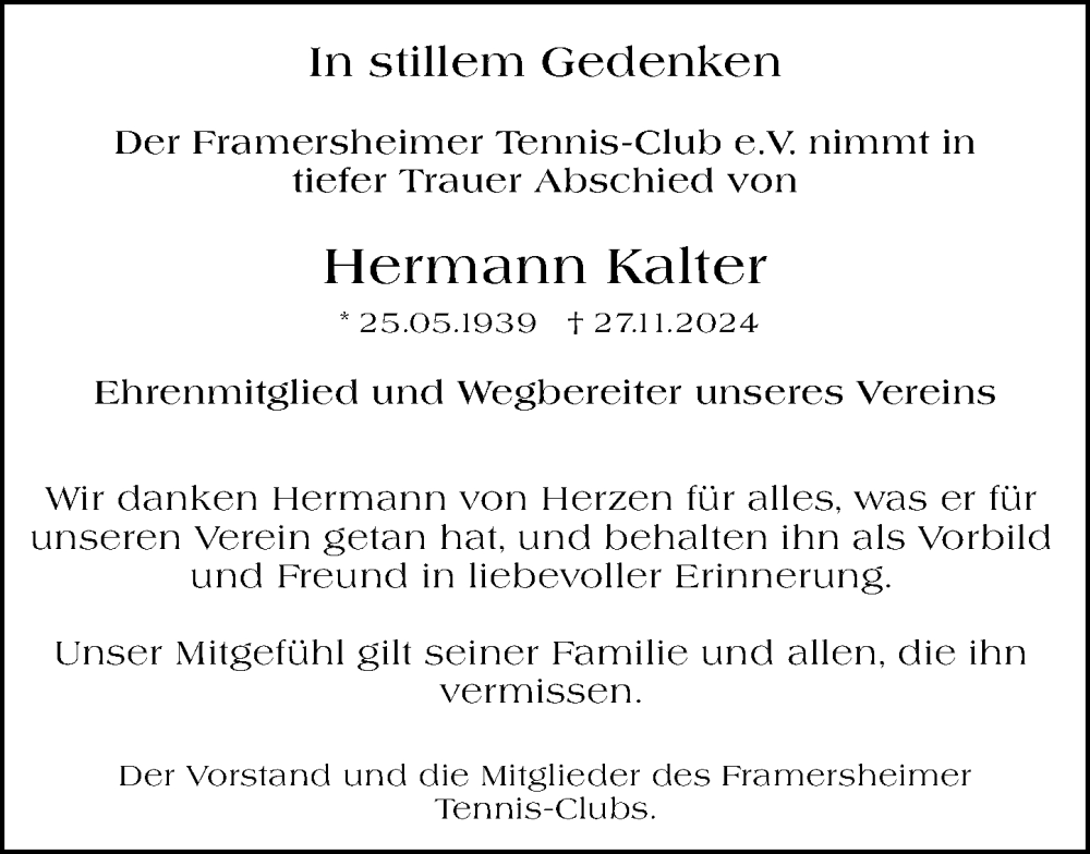  Traueranzeige für Hermann Kalter vom 07.12.2024 aus Alzeyer Wochenblatt