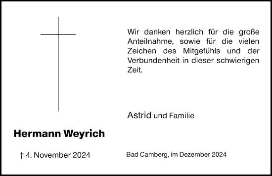 Traueranzeige von Hermann Weyrich von Camberger Anzeiger