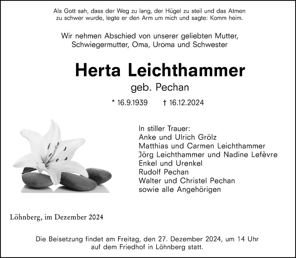  Traueranzeige für Herta Leichthammer vom 21.12.2024 aus Weilburger Tageblatt