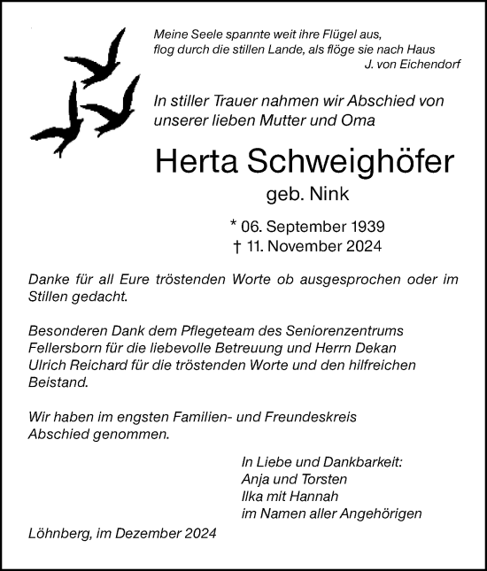 Traueranzeige von Herta Schweighöfer von Weilburger Tageblatt