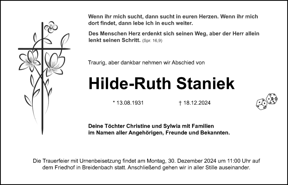  Traueranzeige für Hilde-Ruth Staniek vom 27.12.2024 aus Hinterländer Anzeiger