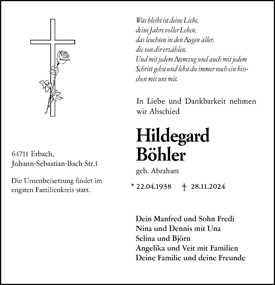  Traueranzeige für Hildegard Böhler vom 02.12.2024 aus Odenwälder Echo