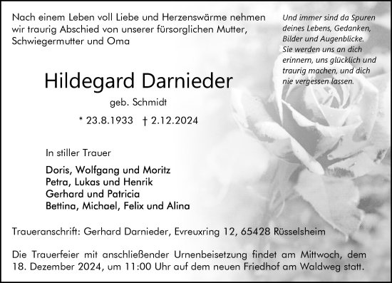 Traueranzeige von Hildegard Darnieder von Rüsselsheimer Echo
