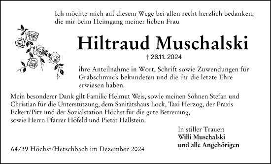 Traueranzeige von Hiltraud Muschalski von Odenwälder Echo