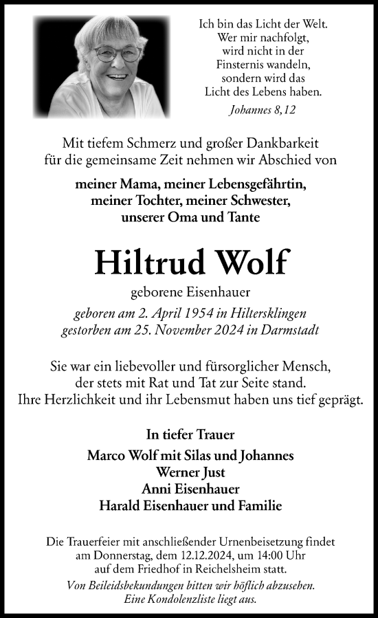 Traueranzeige von Hiltrud Wolf von Odenwälder Echo