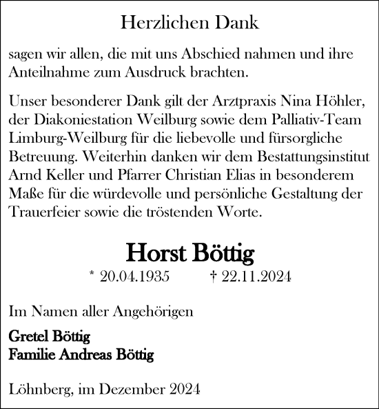 Traueranzeige von Horst Bittig von Weilburger Tageblatt