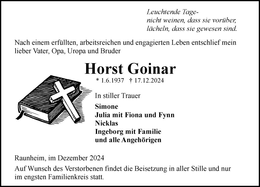  Traueranzeige für Horst Goinar vom 21.12.2024 aus Rüsselsheimer Echo