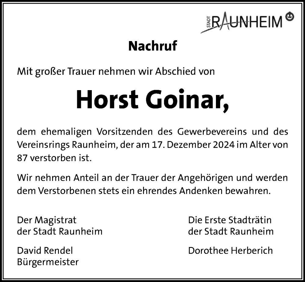 Traueranzeige für Horst Goinar vom 28.12.2024 aus Rüsselsheimer Echo
