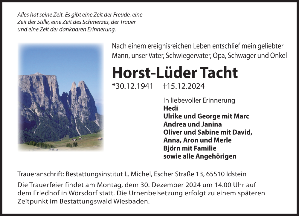  Traueranzeige für Horst-Lüder Tacht vom 21.12.2024 aus Wiesbadener Kurier
