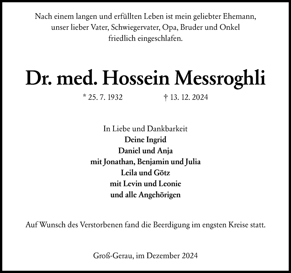  Traueranzeige für Hossein Messroghli vom 21.12.2024 aus Rüsselsheimer Echo
