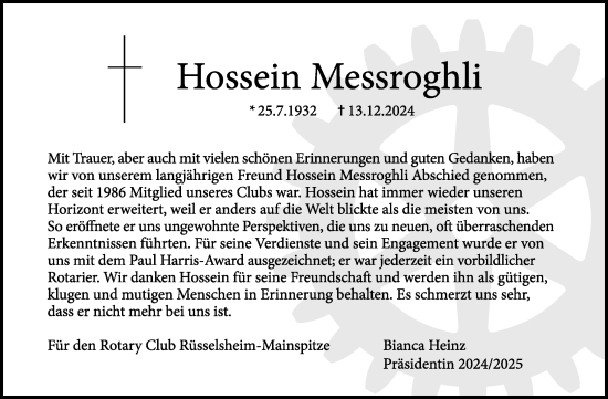 Traueranzeige von Hossein Messroghli von Rüsselsheimer Echo