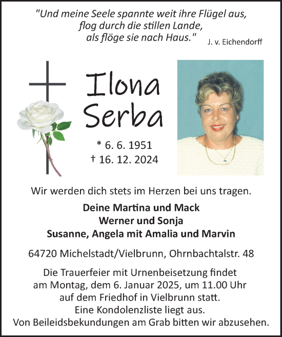 Traueranzeige von Ilona Serba von Odenwälder Echo