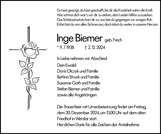 Traueranzeige von Inge Biemer von Wetzlarer Neue Zeitung