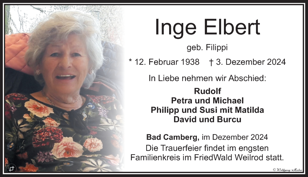  Traueranzeige für Inge Elbert vom 12.12.2024 aus Camberger Anzeiger