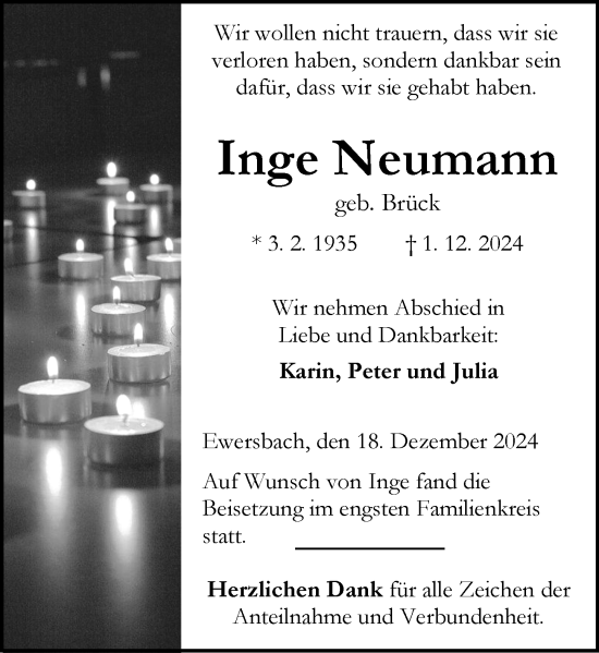 Traueranzeige von Inge Neumann von Dill Block