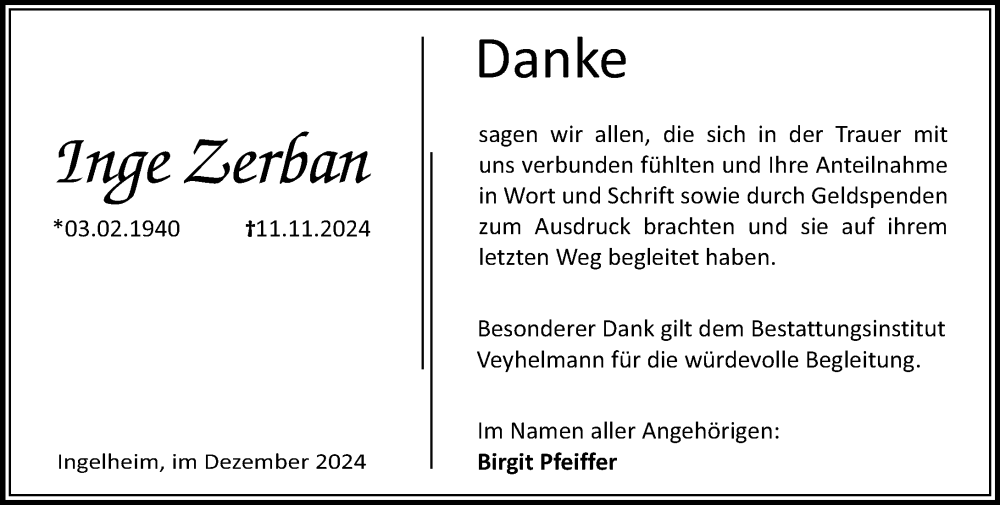 Traueranzeige für Inge Zerban vom 28.12.2024 aus Allgemeine Zeitung Rheinhessen-Nahe