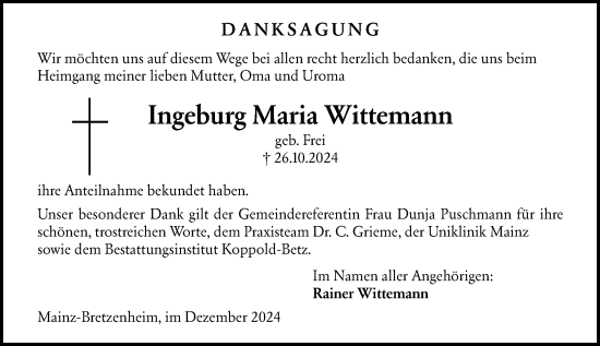 Traueranzeige von Ingeburg Maria Wittemann von Allgemeine Zeitung Mainz