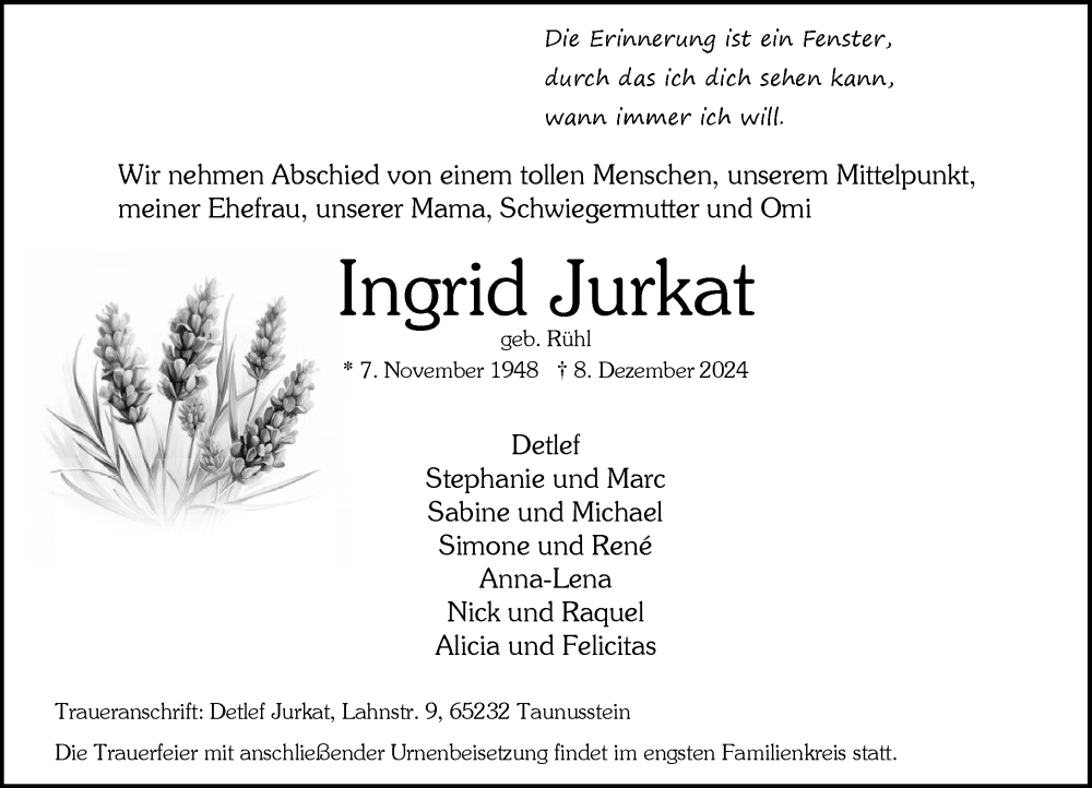  Traueranzeige für Ingrid Jurkat vom 14.12.2024 aus Wiesbadener Kurier