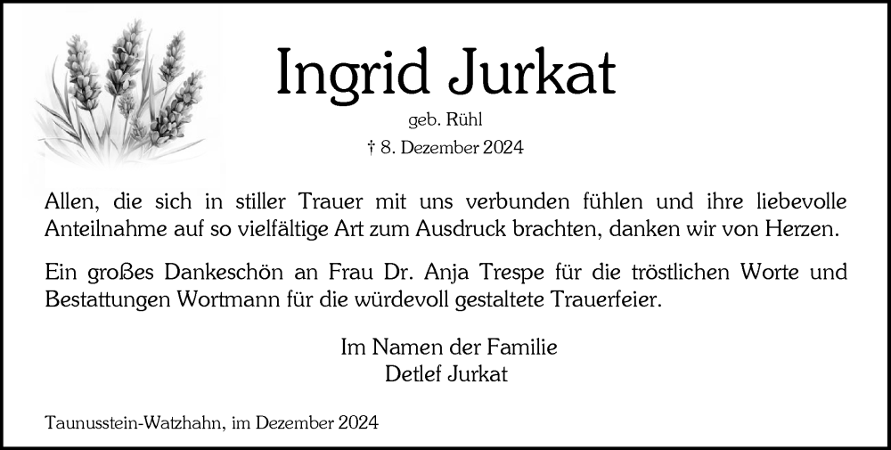  Traueranzeige für Ingrid Jurkat vom 28.12.2024 aus Wiesbadener Kurier