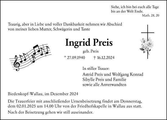 Traueranzeige von Ingrid Preis von Hinterländer Anzeiger