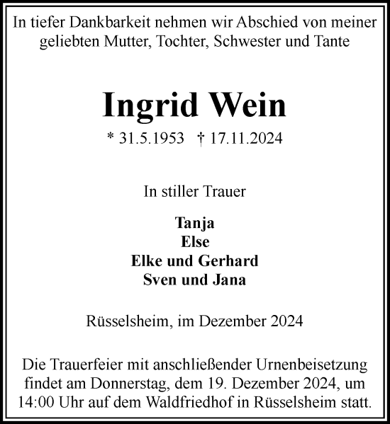 Traueranzeige von Ingrid Wein von Rüsselsheimer Echo