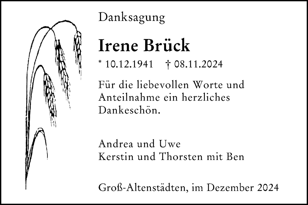  Traueranzeige für Irene Brück vom 14.12.2024 aus Wetzlarer Neue Zeitung