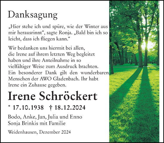 Traueranzeige von Irene Schröckert von Hinterländer Anzeiger