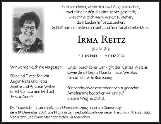 Traueranzeige von Irma Reitz von Wetzlarer Neue Zeitung