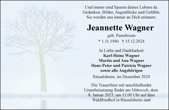Traueranzeige von Jeannette Wagner von Rüsselsheimer Echo