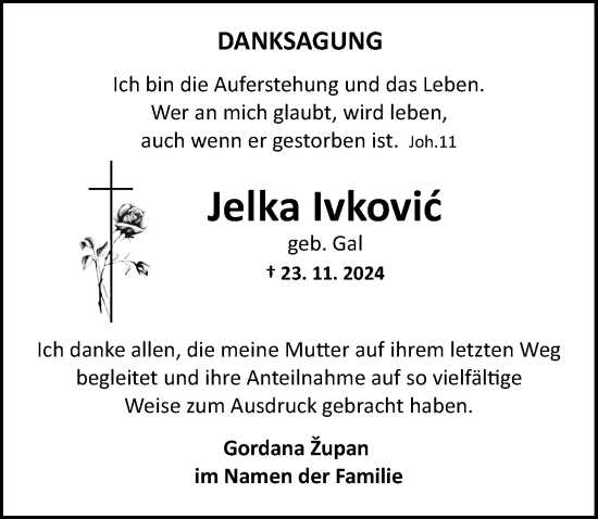 Traueranzeige von Jelka Ivkovic von Allgemeine Zeitung Mainz