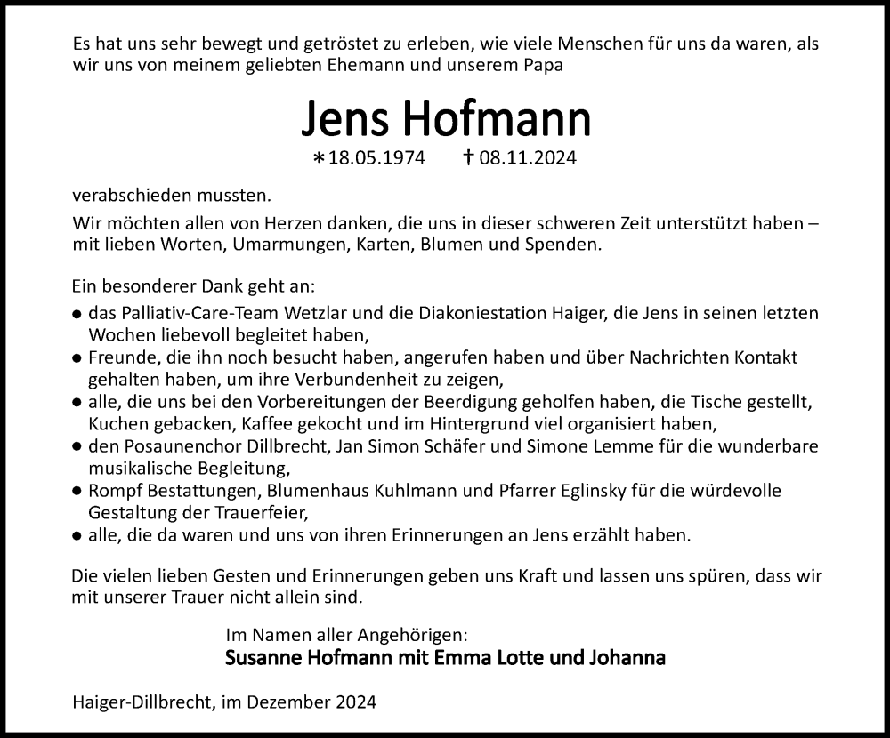  Traueranzeige für Jens Hofmann vom 07.12.2024 aus Dill Block