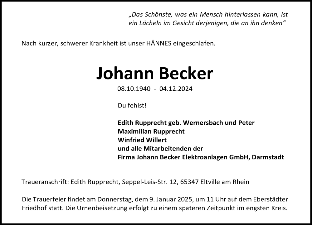  Traueranzeige für Johann Becker vom 21.12.2024 aus Darmstädter Echo