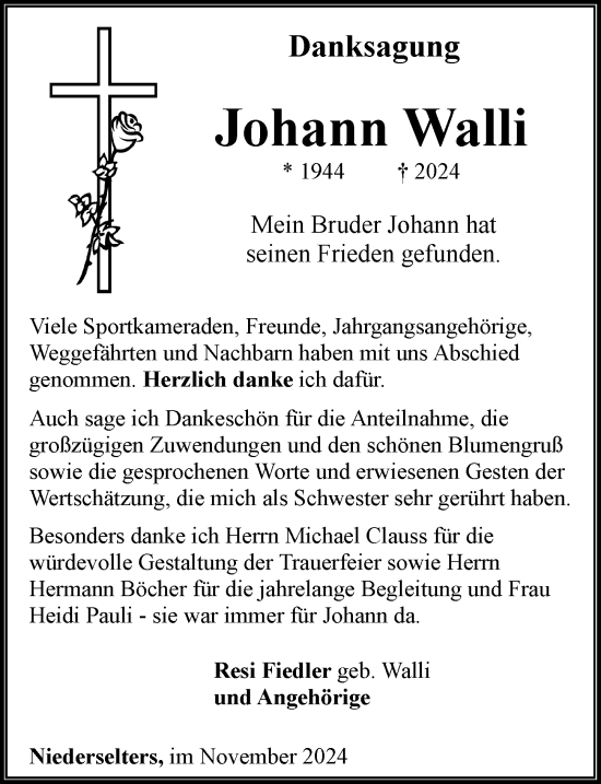 Traueranzeige von Johann Walli von Camberger Anzeiger
