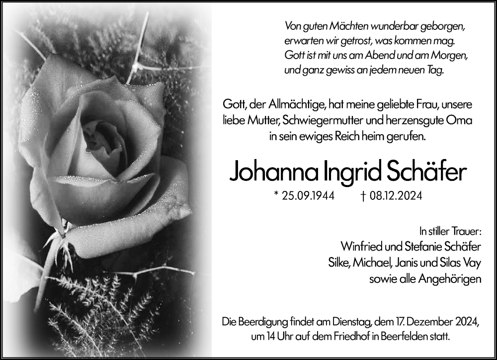  Traueranzeige für Johanna Ingrid Schäfer vom 14.12.2024 aus Odenwälder Echo