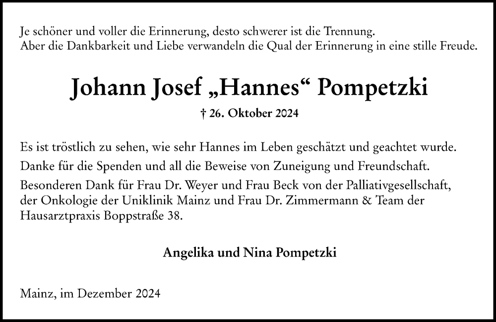  Traueranzeige für Johann Josef Pompetzki vom 21.12.2024 aus Allgemeine Zeitung Mainz