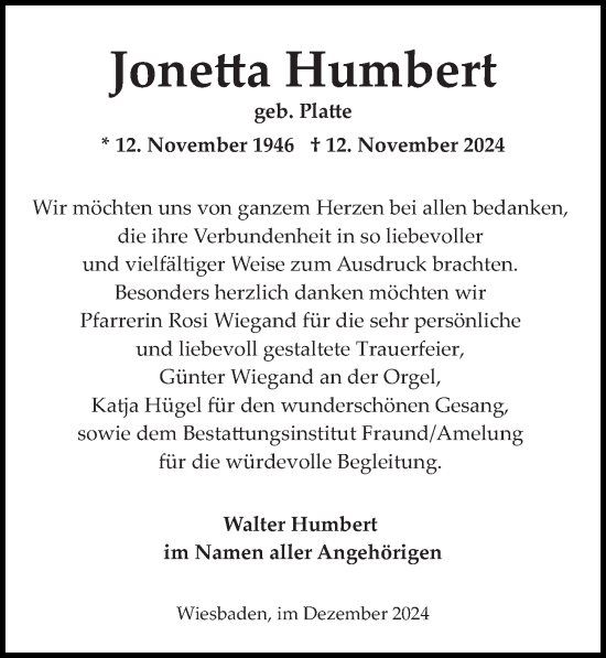 Traueranzeige von Jonetta Humbert von Wiesbadener Kurier