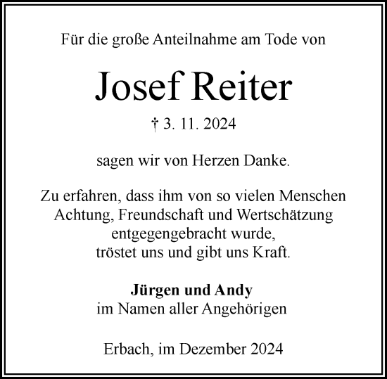 Traueranzeige von Josef Reiter von Odenwälder Echo