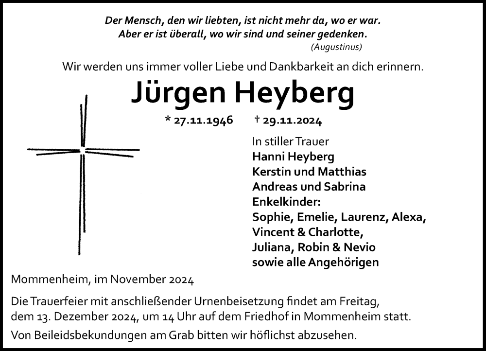  Traueranzeige für Jürgen Heyberg vom 07.12.2024 aus Allgemeine Zeitung Mainz