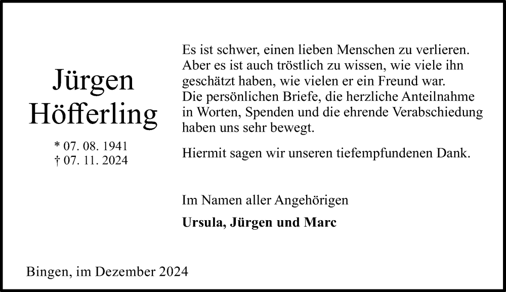  Traueranzeige für Jürgen Höfferling vom 07.12.2024 aus Allgemeine Zeitung Rheinhessen-Nahe