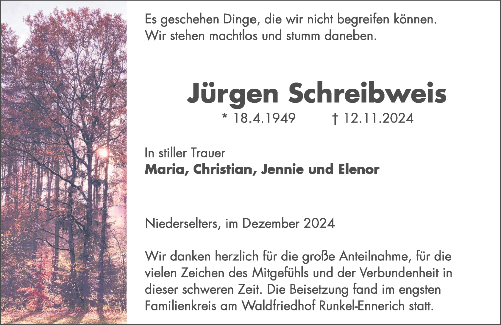  Traueranzeige für Jürgen Schreibweis vom 19.12.2024 aus Camberger Anzeiger