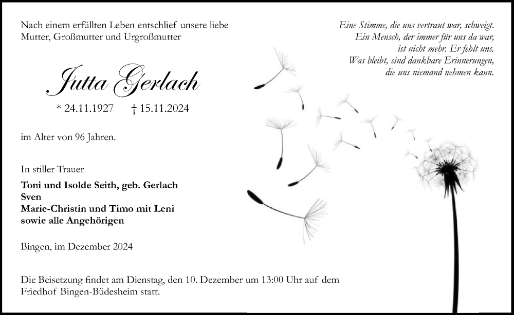  Traueranzeige für Jutta Gerlach vom 07.12.2024 aus Allgemeine Zeitung Rheinhessen-Nahe