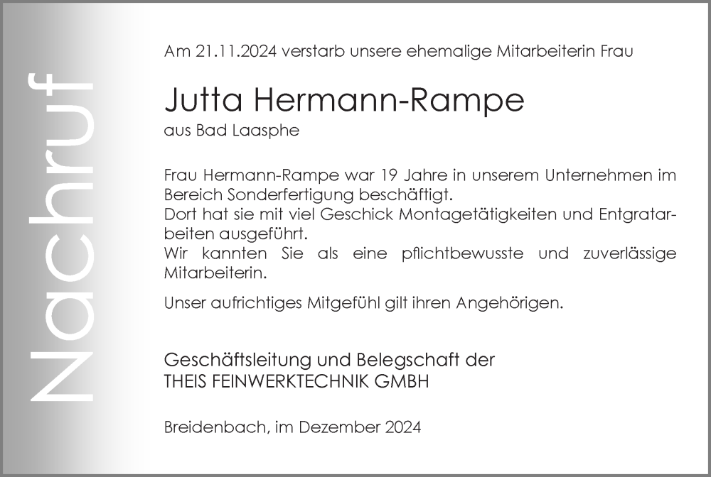  Traueranzeige für Jutta Hermann-Rampe vom 04.12.2024 aus Hinterländer Anzeiger
