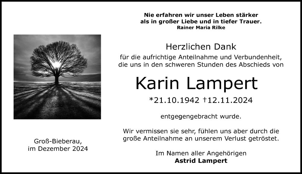  Traueranzeige für Karin Lampert vom 21.12.2024 aus Darmstädter Echo