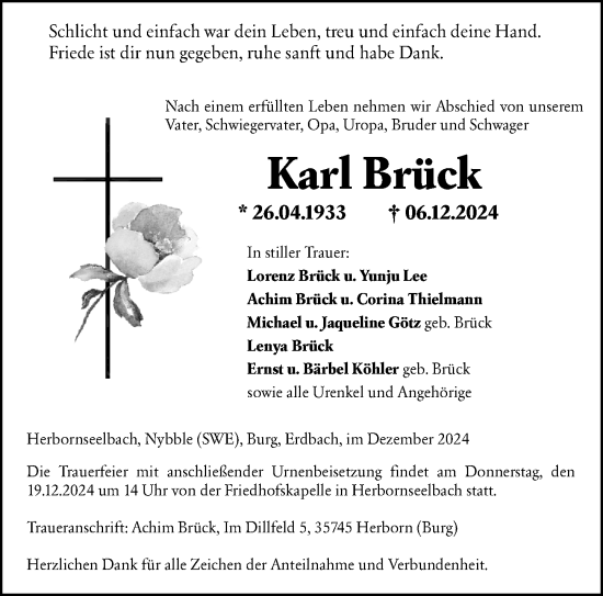Traueranzeige von Karl Brück von Dill Block
