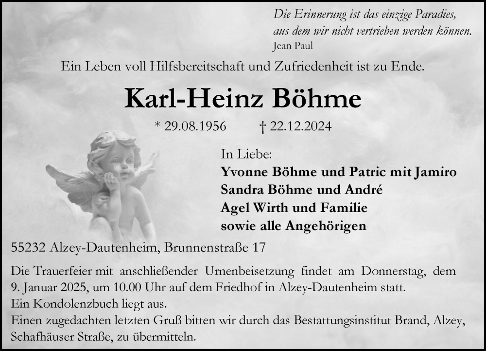  Traueranzeige für Karl-Heinz Böhme vom 28.12.2024 aus Allgemeine Zeitung Alzey