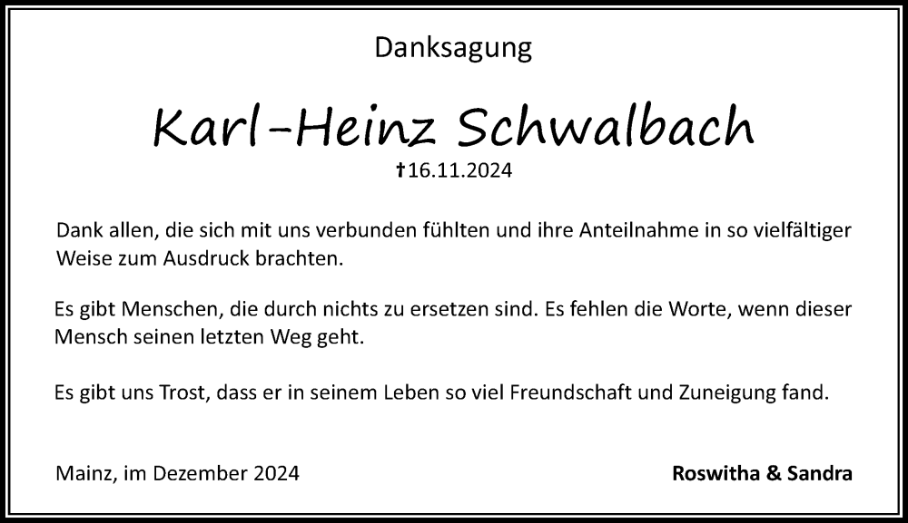  Traueranzeige für Karl-Heinz Schwalbach vom 21.12.2024 aus Allgemeine Zeitung Mainz