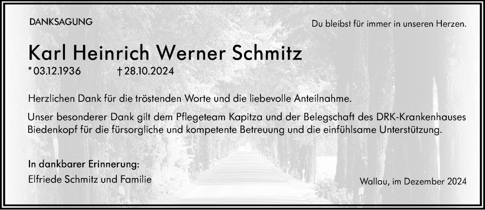  Traueranzeige für Karl Heinrich Werner Schmitz vom 18.12.2024 aus Hinterländer Anzeiger