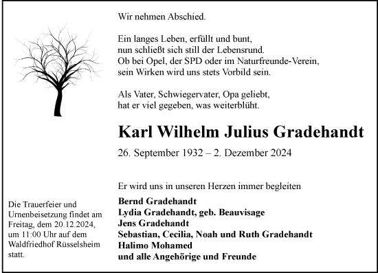 Traueranzeige von Karl Wilhelm Julius Gradehandt von Rüsselsheimer Echo