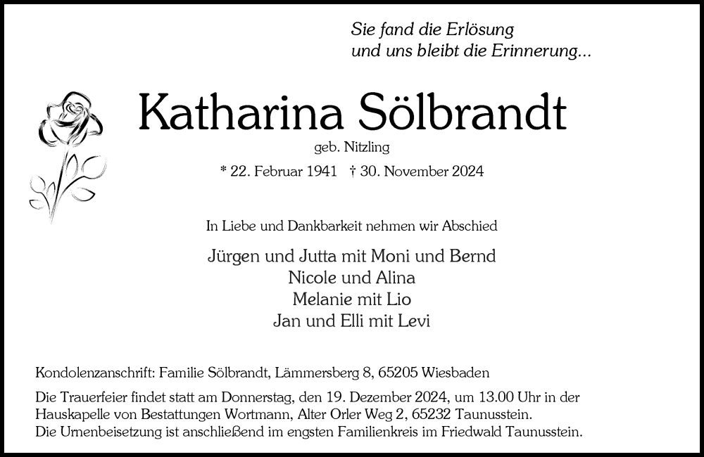  Traueranzeige für Katharina Sölbrandt vom 14.12.2024 aus Wiesbadener Kurier